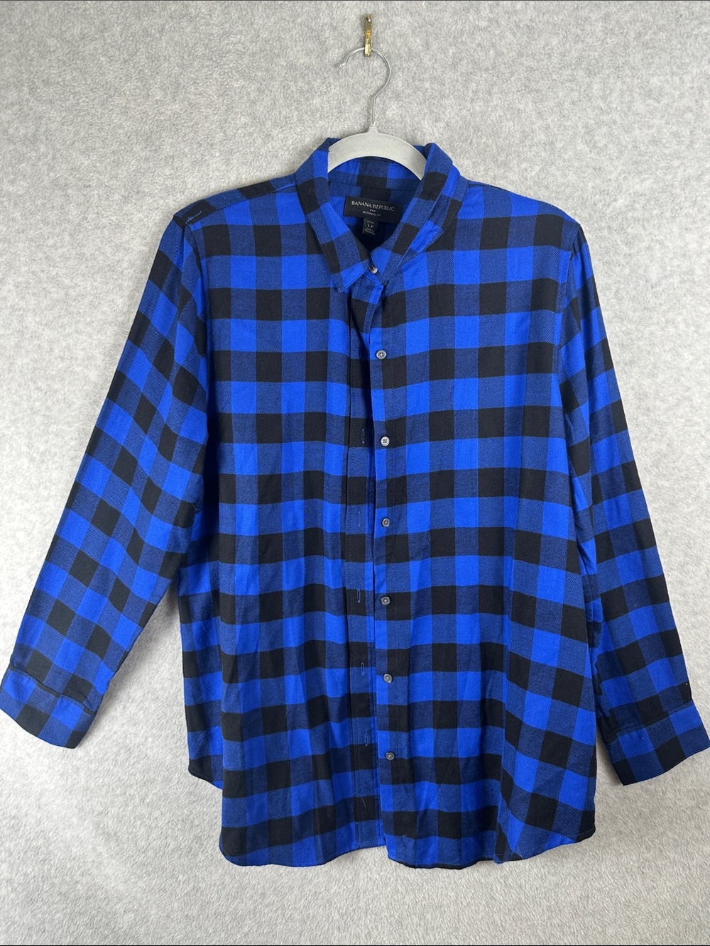 Banana Republic Black and Blue Plaid Cotton Button-Down Shirt Sz Petite Large